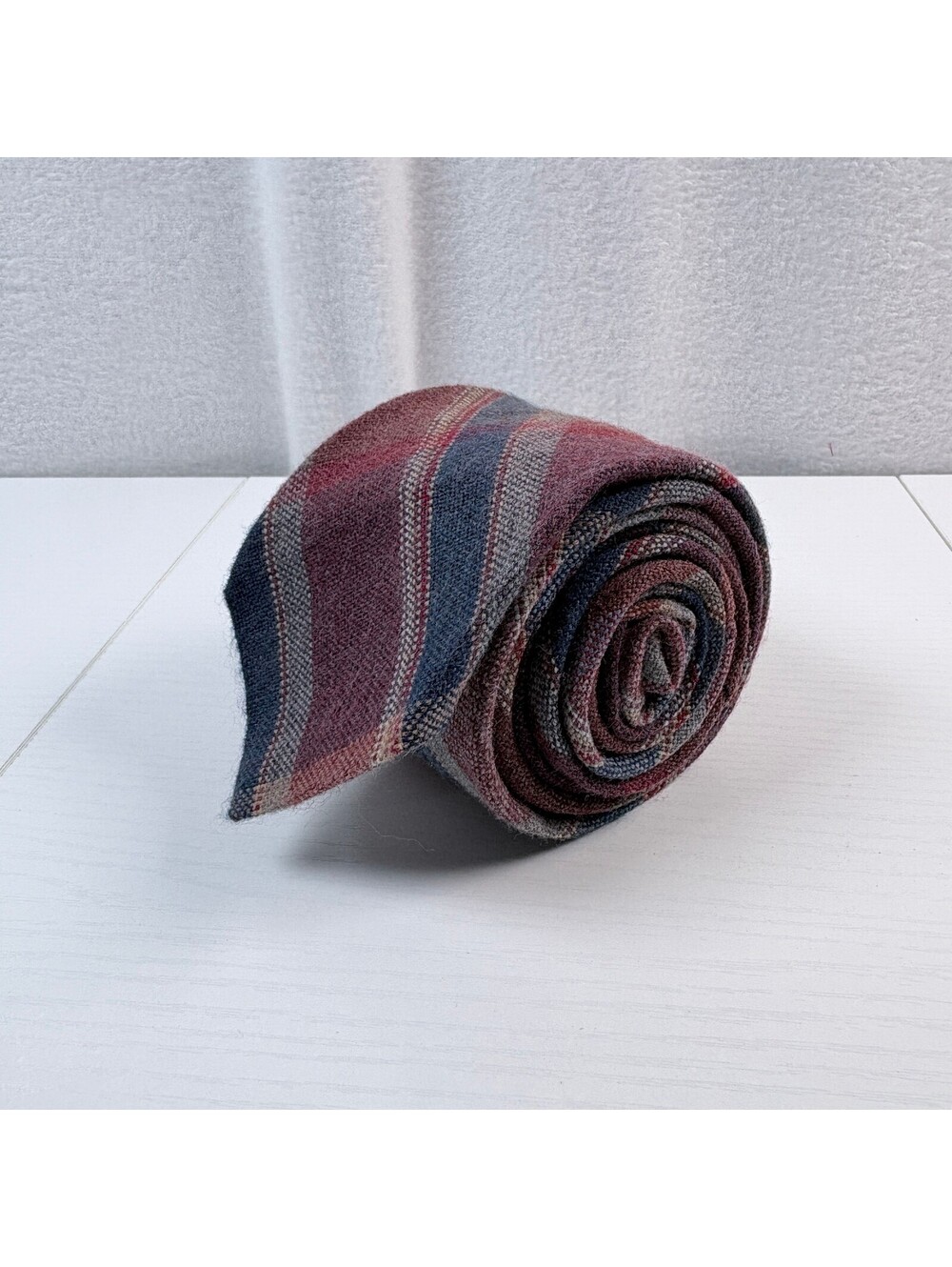 Vintage Clear Creek Plaid Tie Burgundy Navy Gray Wool Look Acrylic Mens Necktie